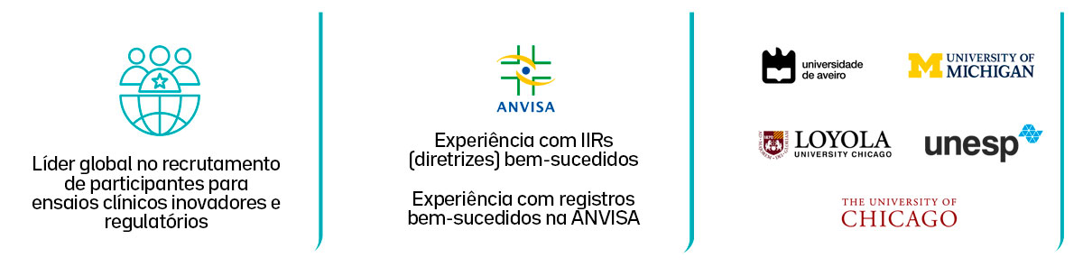 Experiência em pesquisa clínica e assuntos regulatórios, abrangendo recrutamento global para estudos clínicos, registros bem-sucedidos junto à ANVISA e parcerias com universidades internacionais, incluindo a Universidade de Michigan, a Universidade de Chicago, a Loyola University Chicago, a Universidade de Aveiro e a UNESP.